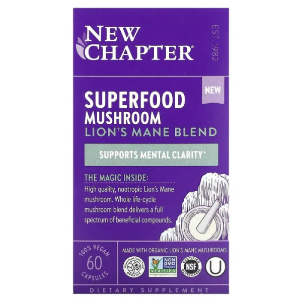 Їжовик гребінчастий, Lion's Mane, New Chapter, Superfood Mushroom, суміш, 60 веганських капсул