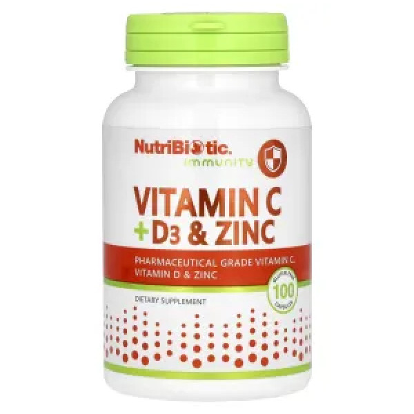 Вітаміни C+D3 та цинк, Vitamin C+D3 & Zinc, NutriBiotic, Immunity, 100 капсул
