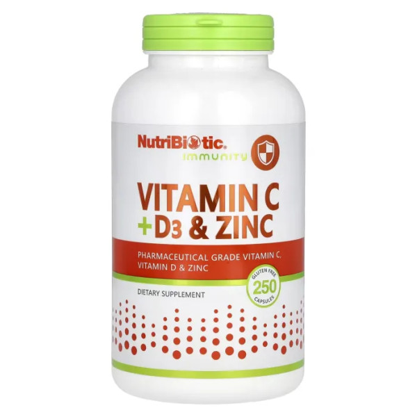 Вітаміни C + D3 та цинк, Vitamin C + D3 & Zinc, NutriBiotic, Immunity, 250 капсул