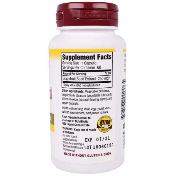 Екстрат грейпфрутової кісточки, Grapefruit Seed Extract, NutriBiotic, 250 мг, для веганів, 60 капсул