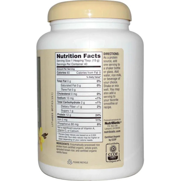 Рисовый протеин, Rice Protein, NutriBiotic, 600 грамм