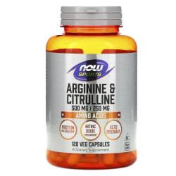 Аргинин 500 мг и цитруллин 250 мг, Now Foods Arginine & Citrulline Sports, 120 вегетарианских капсул