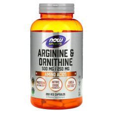 Аргинин и орнитин 500 мг/250 мг, Now Foods Arginine & Ornithine, 250 вегетарианских капсул