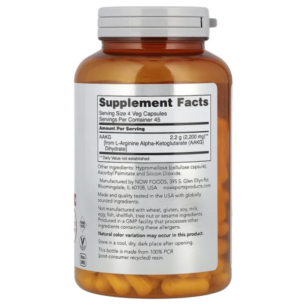 AAKG (L-аргінін-альфа-кетоглутарат), AAKG 2200, NOW Foods, 2200 мг, 180 рослинних капсул (550 мг на капсулу)