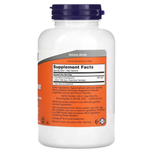 L-карнитин, L-Carnitine, Now Foods, 500 мг, 180 вегетарианских капсул