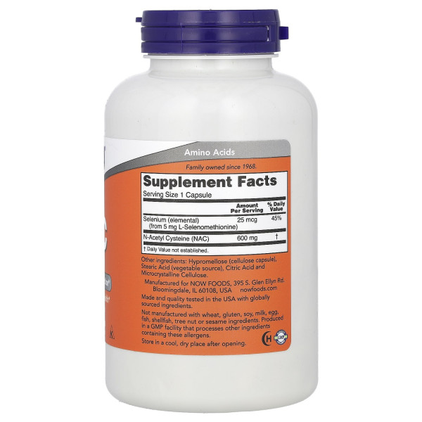 Ацетилцистеїн, NAC (N-Acetyl Cysteine), Now Foods, 600 мг, 250 вегетаріанських капсул