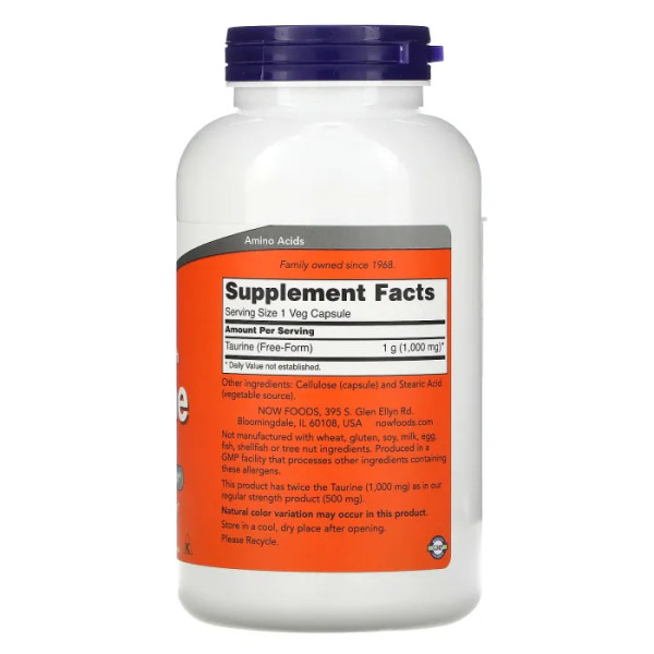 Таурин, Taurine, Now Foods, двойная сила, 1000 мг, 250 вегетарианских капсул
