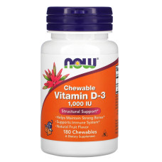 Вітамін D-3 1000 МО, Now Foods Вітамін D-3, жувальні таблетки з фруктовим смаком, 180 штук