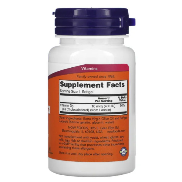 Вітамін D3, Vitamin D-3, Now Foods, структурна підтримка, 10 мкг (400 МО), 180 гелевих капсул