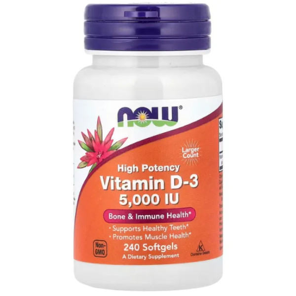 Витамин D-3, Vitamin D-3, Now Foods, высокоэффективный, 125 мкг (5000 МЕ), 240 гелевых капсул