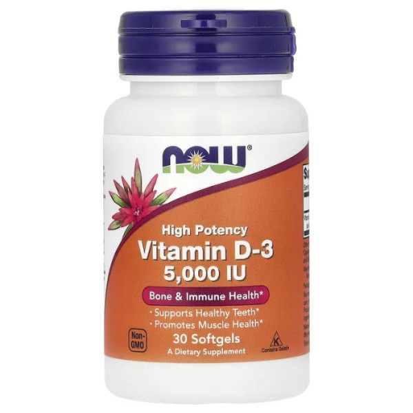 Вітамін D-3, Vitamin D-3, NOW Foods, високоефективний, 5000 МО, 30 гелевих капсул