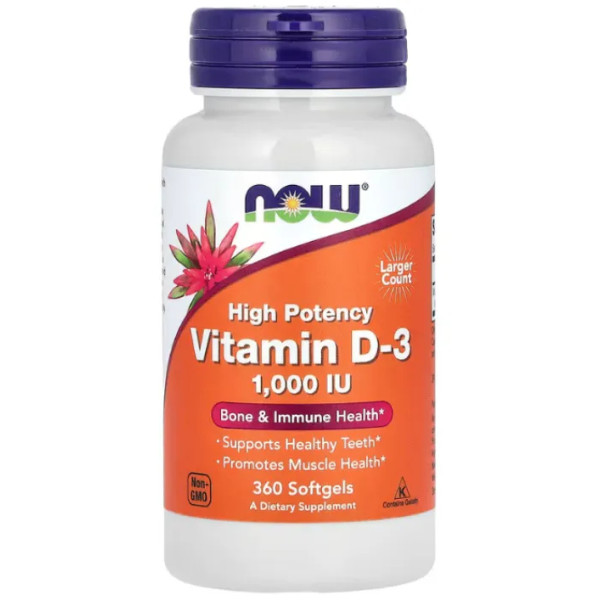 Вітамін D-3, Vitamin D-3, NOW Foods, високоефективний, 25 мкг (1000 МО), 360 гелевих капсул