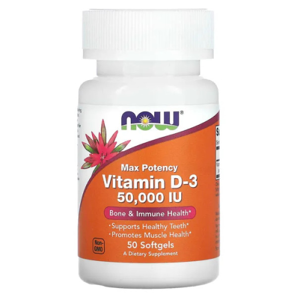 Вітамін D3, Vitamin D-3, Now Foods, 50000 МО, максимальна ефективність, 50 гелевих капсул