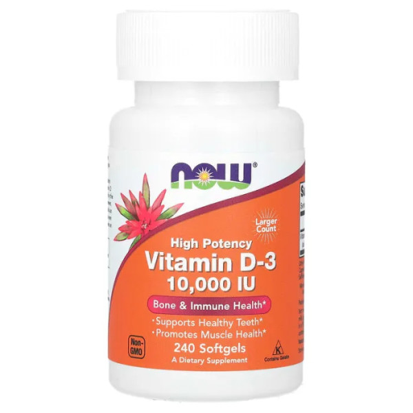 Вітамін D-3, Vitamin D-3, Now Foods, високоефективний, 250 мкг (10000 МО), 240 гелевих капсул