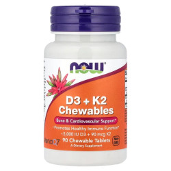 Витамины D3 и K2, NOW Foods D3 plus K2 Chewables, жевательные, 90 таблеток