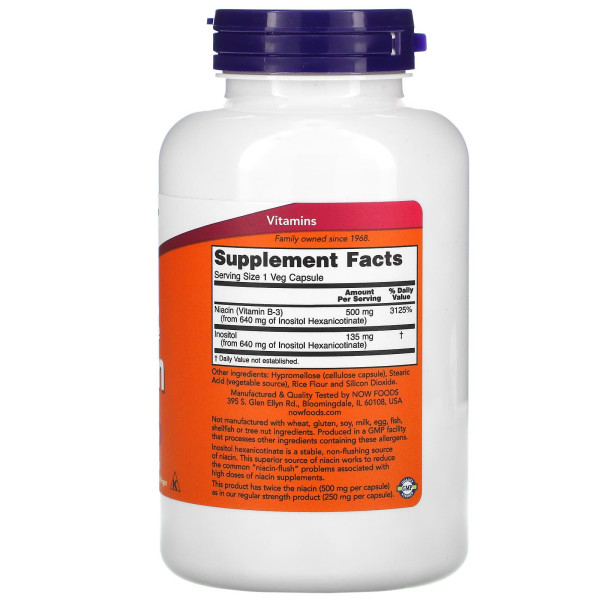 Ніацин (Вітамін В3), Niacin, Now Foods, 500 мг, без почервоніння, подвійний концентрації, 180 вегетаріанських капсул