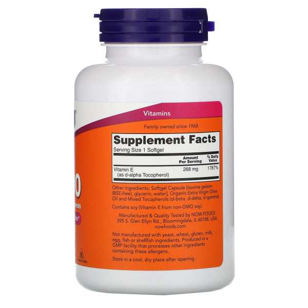 Вітамін Е зі змішаними токоферолами, E-400, Now Foods, 268 мг (400 МО), 250 гелевих капсул
