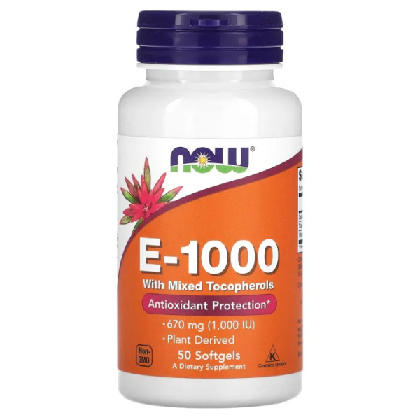 Вітамін Е зі змішаними токоферолами, Vitamin E-1000, NOW Foods, 670 мг (1000 МО), 50 гелевих капсул
