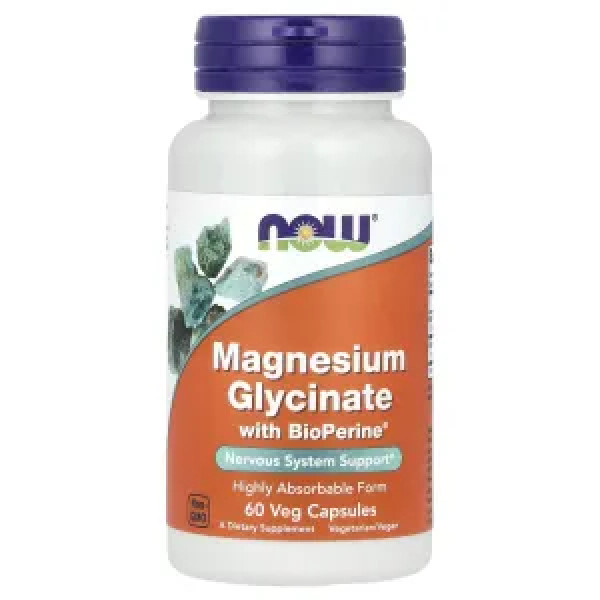 Магній гліцинат, Magnesium Glycinate, NOW Foods, з біоперином, 60 рослинних капсул