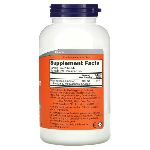 Магний цитрат, Magnesium Citrate, Now Foods, 200 мг, 250 таблеток