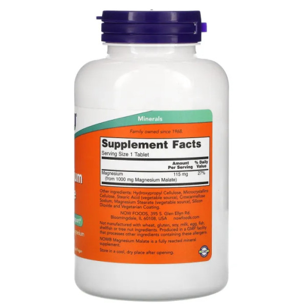 Магния малат, Magnesium Malate, Now Foods, 1000 мг, 180 таблеток
