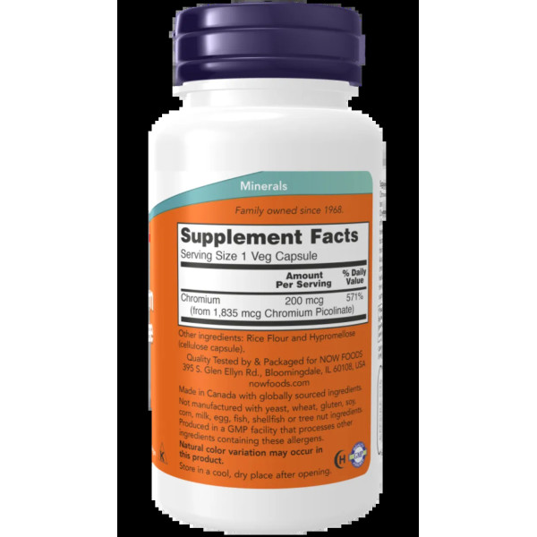 Хром піколінат, Chromium Picolinate, Now Foods, 200 мкг, 100 вегетаріанських капсул