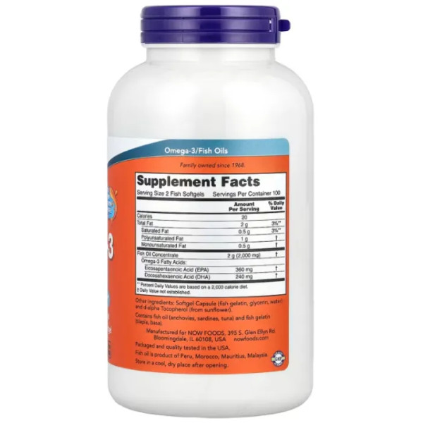 Омега-3 риб'ячий жир, Omega-3 Fish Oil, NOW Foods, 2000 мг, 200 рибних гелевих капсул (1000 мг у капсулі)
