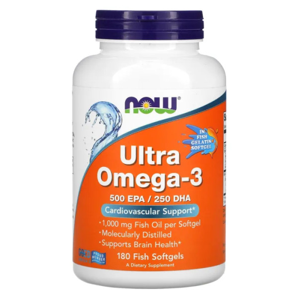 Омега-3 ультра, Ultra Omega-3, Now Foods, 500 ЕПК\/250 ДГК, 180 рибних гелевих капсул