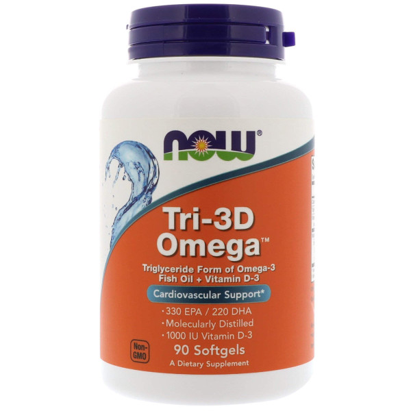 Риб'ячий жир в капсулах + D3, Tri-3D Omega, Now Foods, 330 EPA\/220 DHA, 90 гелевих капсул