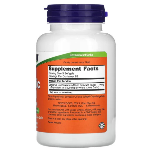 Часникова олія, Garlic Oil, Now Food, 1500 мг, 250 гелевих капсул