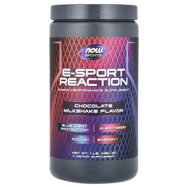 Фокус та Енергія, E-Sport Reaction, NOW Foods, Sports, підвищення концентрації та продуктивності, шоколадний молочний коктейль, 454 г