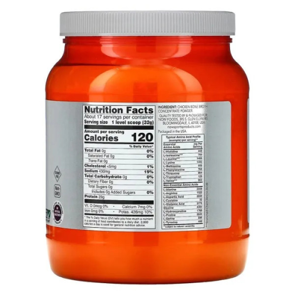Протеїновий порошок із курячого бульйону, Chicken Bone Broth, Now Foods, Sports, 544 г