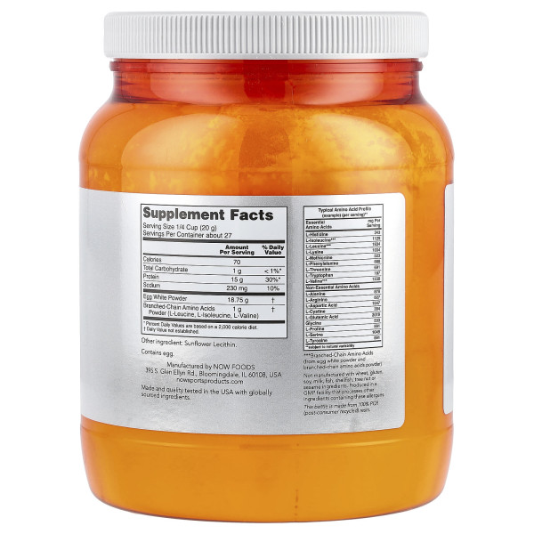 Яєчний протеїн із BCAA, Egg White Protein with BCAAs, NOW Foods, Sports, порошок, без смаку, 544 г