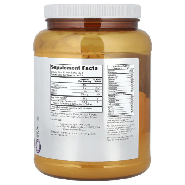 Яичный протеин с BCAA, Egg White Protein With BCAAs, NOW Foods, Sports, сливочный шоколад, 680 г