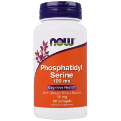 Фосфатидилсерин 100 мг, Now Foods Phosphatidyl Serine, с экстрактом гинкго билоба, 50 гелевых капсул