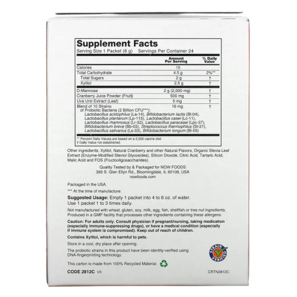 Клюква, Манноза + пробиотики, Cranberry Mannose + Probiotics, Now Foods, для женщин в дороге, 24 шт по 6 г