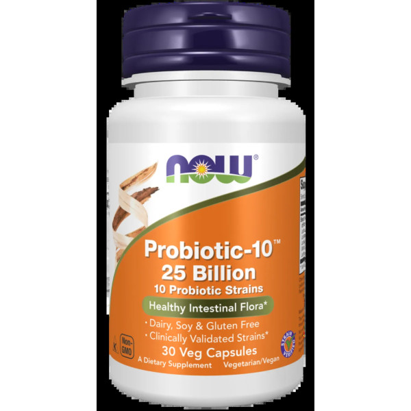 Пробіотик-10, Probiotic, Now Foods, 25 млрд КУО, з 10 пробіотичними штамами, без молочних продуктів, сої та глютена, 30 капсул