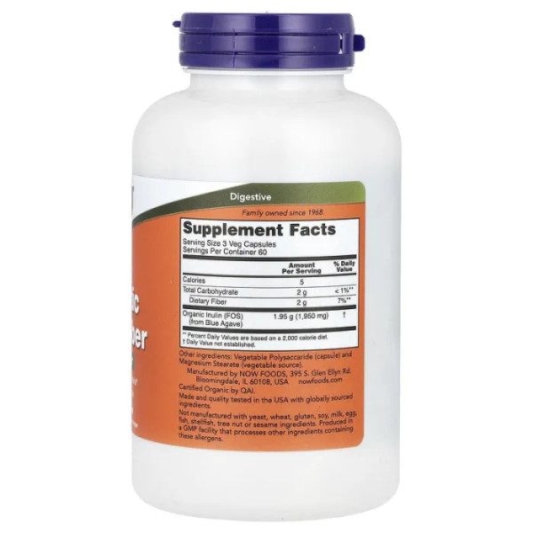 Інулін, Prebiotic Inulin Fiber, NOW Foods, пребіотична клітковина, 180 вегетаріанських капсул