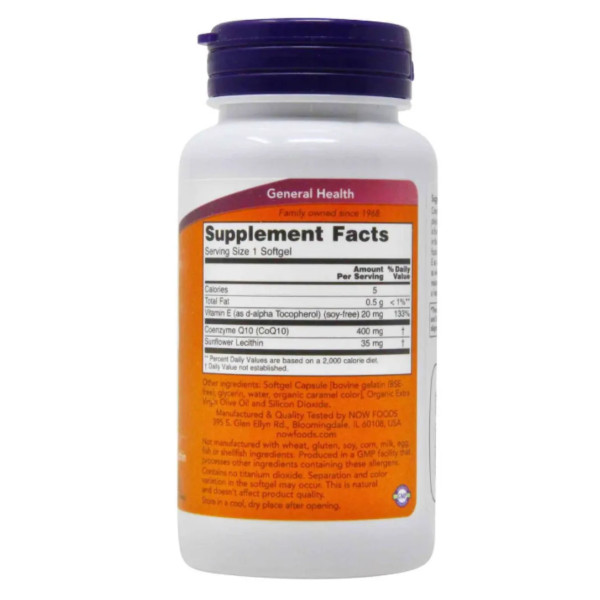 Коензим Q10, CoQ10, Now Foods, з вітаміном Е та лецитином, 400 мг, 30 гелевих капсул