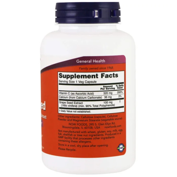Екстракт виноградних кісточок (Grape Seed), Now Foods, стандартизований, 100 мг, 200 вегетаріанських капсул
