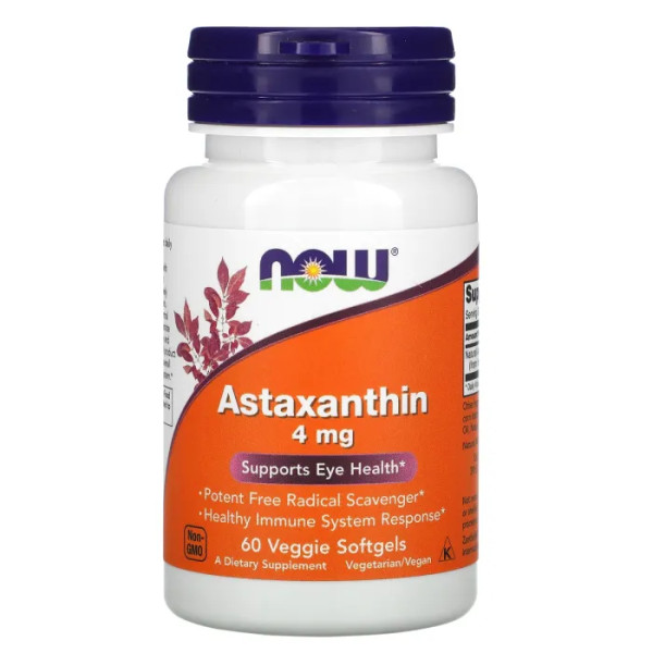 Астаксантин, Astaxanthin, NOW Foods, 4 мг, 60 вегетарианских гелевых капсул