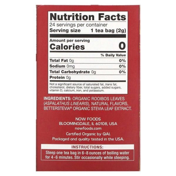 Чай ройбуш з ваніллю та цитрусом, Roobios With a Vanilla-Citrus Blush, NOW Foods, Real Tea, без кофеїну, 24 пакети, 48 г.