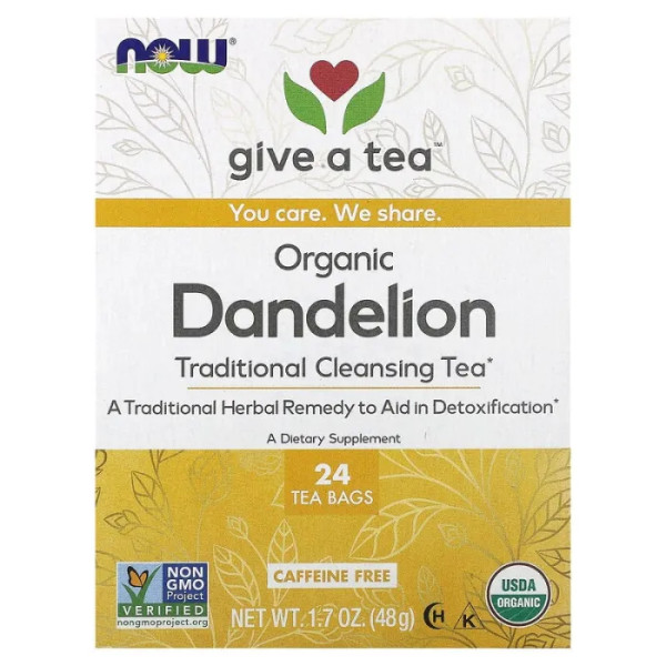 Чай з кульбабою, Dandelion Tea, NOW Foods, Give A Tea, органічний, традиційний, очищаючий, без кофеїну, 24 чайні пакетики, 48 г