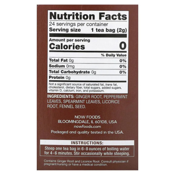 Чай з імбиром і м'ятою, Ginger Mint Comfort, NOW Foods, Give A Tea, заспокійливий, без кофеїну, 24 чайні пакетики, 48 г