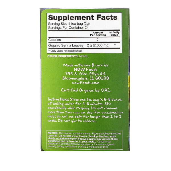 Чай з сенною, Senna, NOW Foods, Real Tea, без кофеїну, органік, 24 пакетика, 48 г