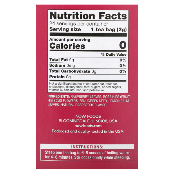 Чай з червоною малиною, Tea Raspberry Tea, NOW Foods, Real Tea, для жінок, без кофеїну, 24 пакетики, 48 г.