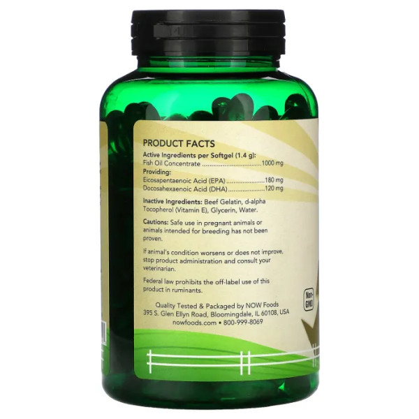 Омега-3 для кошек и собак, Omega-3 for Dogs\/Cat, Now Foods, отличная рыба, 180 капсул, 252 г