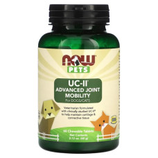 Вітаміни для собак та кішок жувальні, Now Foods Pets UC-II Advanced Joint Mobility, підтримка суглобів, 60 жувальних таблеток, 60 г