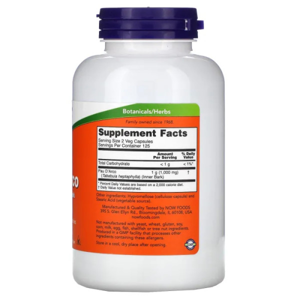 По д'арко, Pau D 'Arco, NOW Foods, 500 мг, 250 вегетаріанських капсул
