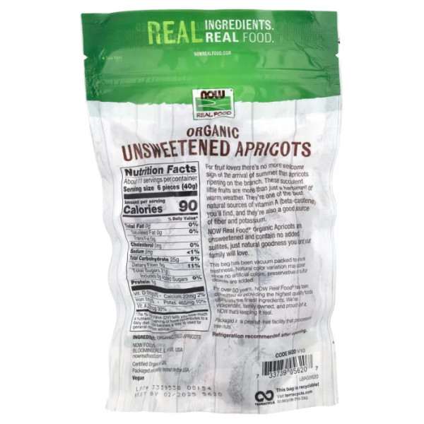 Абрикоси, Organic Unsweetened Apricots, NOW Foods, органік, несолодкі, 454 г